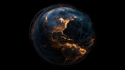Poster - Illustration of the globe, surrounded by lines of neural connections and digital data. Technological background on the topic of the information field
