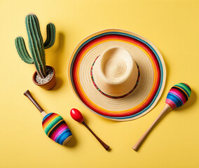 Aufkleber - Flat lay photo of Mexican sombrero, colorful poncho, maracas, and cactus decoration set against a pastel yellow background.