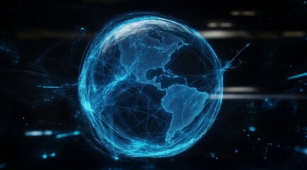 Fototapete - Illustration of the globe, surrounded by lines of neural connections and digital data. Technological background on the topic of the information field