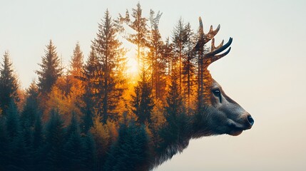 Poster - Majestic Deer in Enchanted Forest Scene Blending Nature and Wildlife, Capturing the Essence of Serenity and Harmony in the Wilderness at Dawn