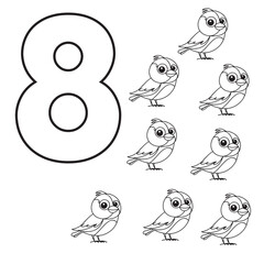 Number 8 coloring page with eight outlined birds, ideal for kids' educational and creative activities