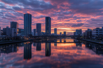 Poster - A vibrant sunset reflecting on a river with city skyscrapers in the background.