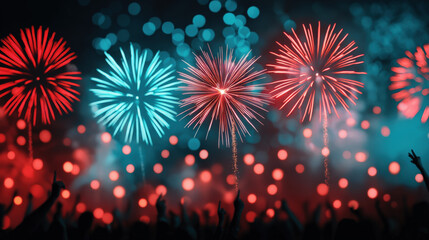 Poster - Crowd celebrating new year's eve under colorful fireworks display