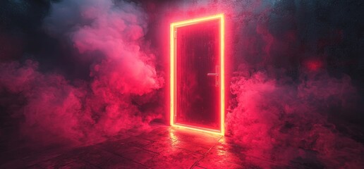 Poster - A neon door glows against a black backdrop. A contemporary, lifelike depiction of a rectangular portal frame on a nightclub stage, featuring red, orange, and yellow smoke, with reflections on the