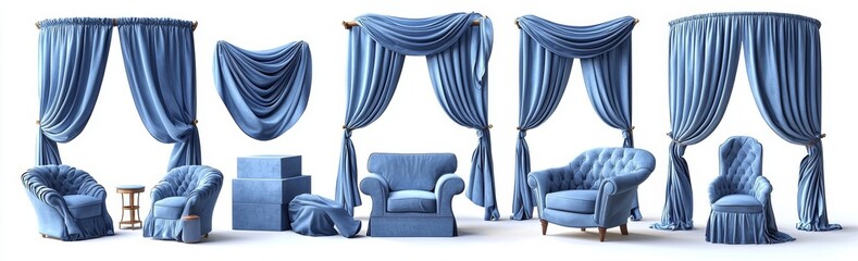 Poster - A blue theater stage curtain, depicted both closed and open, features a long and short top border, set against a white background. This realistic 3D illustration showcases a modern velvet cloth