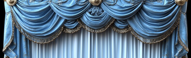 Poster - A realistic 3D modern depiction of a blue velvet theater stage curtain, shown both closed and open, with a long and short top border, displayed against a white background.
