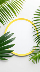 Poster - Empty yellow circle against a white background surrounded by isolated green palm leaves is ideal for simple advertising and branding needs.