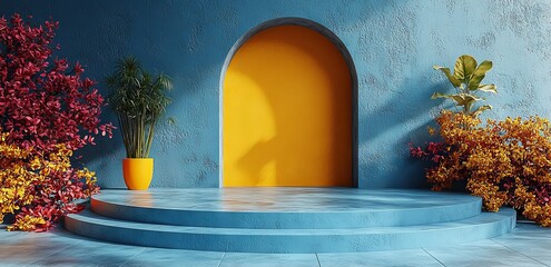 Poster - A sleek cylindrical stage under a clear curved glass dome in a deep royal blue setting. Ideal for showcasing luxury products, this upscale area boasts lifelike 3D displays.