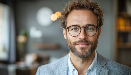 Wall Mural - Confident businessman with beard smiling in modern office generated by AI