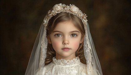 Wall Mural - Cute caucasian child princess in wedding dress smiling generated by AI