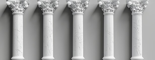 Poster - Solitary white pillars set against a backdrop. A modern, realistic portrayal of 3D marble columns and pedestals, featuring square, round, and hexagonal shapes, perfect for product displays and