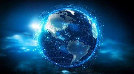Poster - Illustration of the globe, surrounded by lines of neural connections and digital data. Technological background on the topic of the information field
