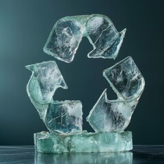 Poster - An artistic glass sculpture represents the recycling symbol, showcasing the sustainability message. The intricate design captures light, highlighting the beauty of repurposed materials.