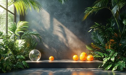 Poster - a circular platform showcasing a golden palm branch and glass morphism design, set against a black b