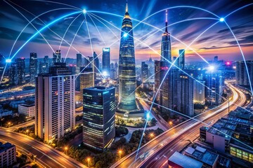 Poster - Urban Exploration Photography of Connection Lines in Telecommunications with a Futuristic Background, Showcasing Network Integration and Digital Connectivity in an Urban Setting