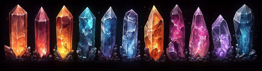Poster - Luminous neon-hued gemstone crystals. A contemporary cartoon set of fantasy-colored glowing diamonds for game UI design. Brilliant, valuable treasure gemstones. Sparkling jewel rock fragments.