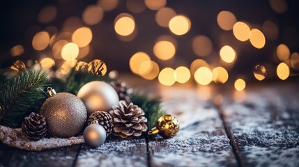 Poster - Blank greeting card placed on a rustic table with holiday decorations, featuring twinkling lights, pine branches, and ornaments, perfect for Christmas messages.