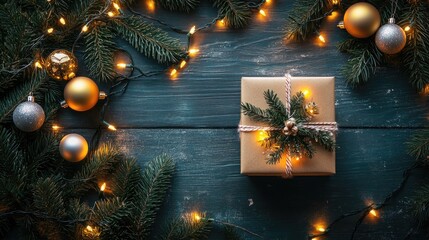Poster - Blank greeting card placed on a rustic table with holiday decorations, featuring twinkling lights, pine branches, and ornaments, perfect for Christmas messages.