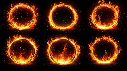 Poster - Modern, realistic images of rings and rhombuses, charred by fire and glowing with energy, depicted with a space portal hole on a transparent background.