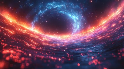 Poster - A background featuring a CG hyperspace warp speed light effect, depicting a modern velocity tunnel in motion within a galaxy. This futuristic travel illustration showcases a neon highway with fast