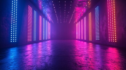Poster - a stage wall featuring a screen with a pixelated glow pattern, reminiscent of a tv. this digital tel