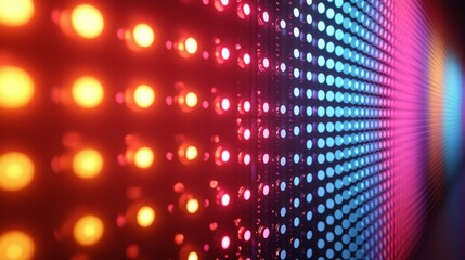 Poster - The LED wall video screen features a pattern of green, blue, and red dots on a black backdrop. The display's background consists of a grid of pixels with an embedded mesh of LEDs.