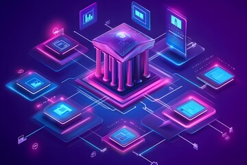 Fototapete - A digital illustration of a centralized data hub with interconnected devices and graphs.