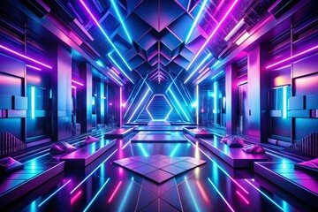 Poster - Vibrant 3D Render of Purple and Blue Abstract Geometric Background for Cyberpunk Advertising and Cosmetic Showrooms, Perfect for Technology and Sci-Fi Product Displays