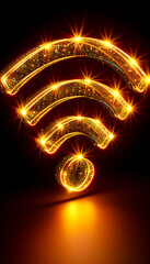 Poster - a wi-fi symbol radiates warm golden light with sparkling effects against a dark background. the glow