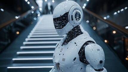 Poster - A humanoid robot ascends stairs towards success and goal achievement, symbolizing AI brainpower and machine learning in the fourth industrial revolution.