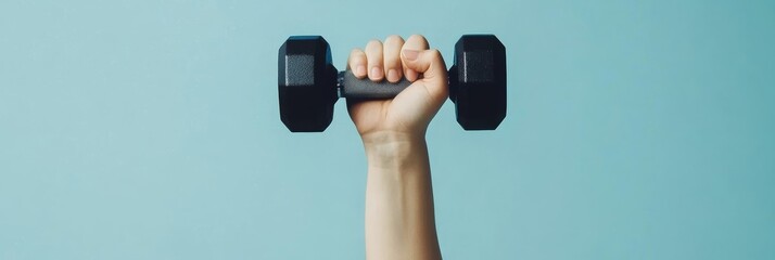 Poster - Hand firmly gripping dumbbell, symbolizing commitment to fitness and active lifestyle against a vibrant blue backdrop, promoting health and wellness