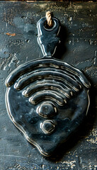 Poster - A unique black ceramic decorative sign shaped like a Wi-Fi symbol, suspended by twine against a dark, textured backdrop. This artistic piece adds a modern touch to any space.