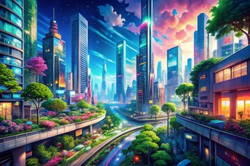 Poster - Vibrant Anime Cityscape Walk: Explore a Stunning Futuristic Urban Landscape Filled with Neon Lights, Bustling Streets, and Lush Greenery, Perfect for Fantasy and Adventure Themes
