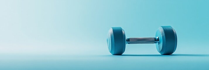 Aufkleber - Light blue dumbbell resting on floor against gradient background promoting healthy lifestyle and active living through weight training