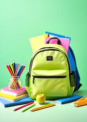 Poster - Colorful scene of a cute backpack surrounded by school supplies on a light green background inviting students back to class.