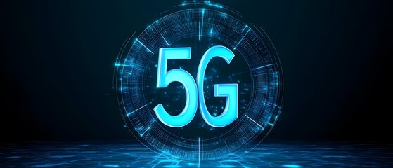 Poster - A digital representation of 5G technology with a glowing blue design on a dark background.