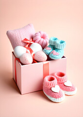 Aufkleber - Colorful pink gift set featuring adorable knitted toys, hearts, and baby shoes on a soft pastel background for baby showers and gender reveals.