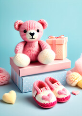 Aufkleber - Colorful pink gift set featuring adorable knitted toys, hearts, and baby shoes on a soft pastel background for baby showers and gender reveals.