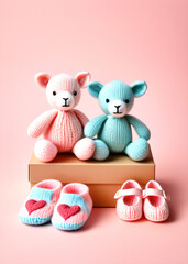 Aufkleber - Colorful pink gift set featuring adorable knitted toys, hearts, and baby shoes on a soft pastel background for baby showers and gender reveals.