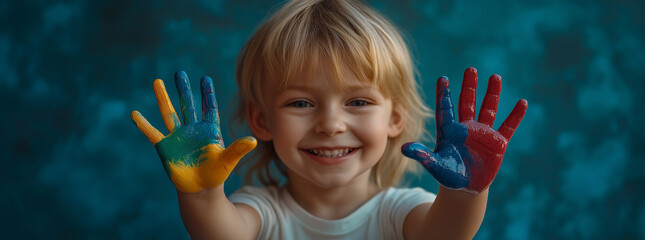 Close-up of a child's hand with colorful paint, showing five fingers and painted in rainbow colors