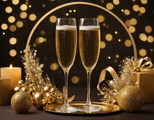 Wall Mural - Two elegant champagne flutes celebrate together with golden decorations and twinkling lights.