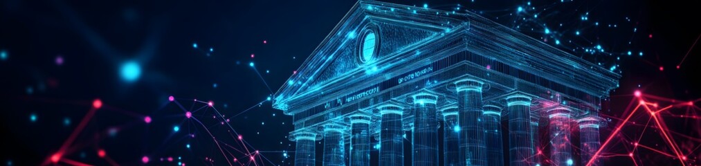 Poster - A digital representation of a classical building with a futuristic, tech-inspired design.