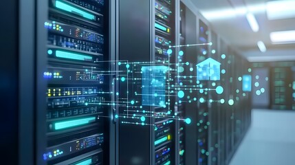 Poster - A data center with servers and digital connections illustrating network communication.