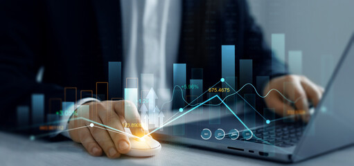 Leinwandbilder - Business growth graph chart. Businessman analyzing sales data and financial report.Financial marketing graph grow chart. Arrow up with graph corporate future growth plan.	