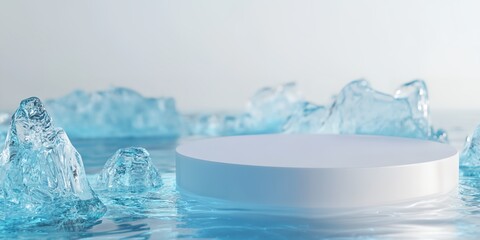 Wall Mural - a white square is floating in a body of water with ice. the scene is serene and peaceful, with the w