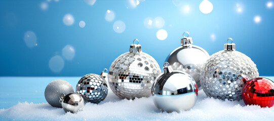 Poster - Colorful decorations including silver baubles, disco balls, and snowflakes adorn a frosty winter scene against a light blue background.