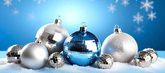 Poster - Colorful decorations including silver baubles, disco balls, and snowflakes adorn a frosty winter scene against a light blue background.