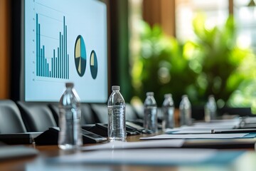 Poster - Modern Conference Room with Data Presentation on Screen, Water Bottles on Table, and Lush Plants in Background Creating a Productive Meeting Environment