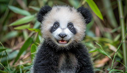 Canvas Print - Cute panda in tropical forest looking at camera generated by AI