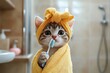 © Daria - Adorable kitten wrapped in towel holding toothbrush, posing for grooming session in bathroom